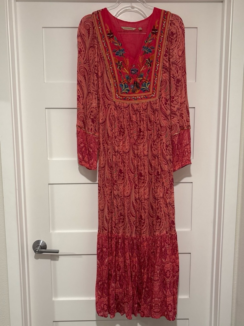 Soft Surroundings Red Paisley Embroidered V-Neck Maxi Dress